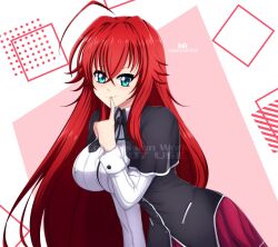 1girls 2d ahoge artist_name background_pattern big_breasts blue_eyes breasts commission cute cute_face female female_only high_school_dxd hips large_breasts light-skinned_female lips long_hair long_sleeves nail_polish nipple_bulge nipples_visible_through_clothing painted_nails pointing_at_self red_hair red_nails rias_gremory robarts_hallway school_uniform skirt smile solo thighs thin_waist watermark wide_hips