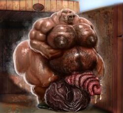 anthro ass balls belly_hair big_balls big_penis bodily_fluids body_hair chest_hair coiling domestic_pig food genitals hairy hairy_balls hairy_body hi_res hohohonse huge_balls huge_cock hyper hyper_balls hyper_genitalia hyper_penis male male_only mammal meat moobs musclegut muscular nipples overweight penis pig pork pubes saggy slightly_chubby solo suid suine sus_(pig) sweat sweatdrop