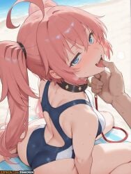 1boy 1girls 2025 ahoge ai_assisted ai_generated anime anime_girl anime_style artist_name ass back bangs bare_shoulders beach blue_eyes blush breasts collar dragonoid female finger_in_another's_mouth from_behind hair_between_eyes heart heart-shaped_pupils hi_res high_quality high_res high_resolution highres leash long_hair looking_at_viewer male milim_nava nava_milim one-piece_swimsuit open_mouth patreon patreon_username pink_hair rinkoai saliva sand sitting solo_focus sweat swimsuit symbol-shaped_pupils tensei_shitara_slime_datta_ken tensura tongue tongue_out twintails uncensored wariza watermark