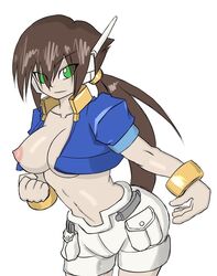 aile alternate_breast_size bent_over bracelet breasts brown_hair capcom clenched_hand cropped_jacket erect_nipples eyebrows_visible_through_hair female green_eyes inti_creates jacket large_breasts long_hair mega_man mega_man_zx mega_man_zx_advent nipples ponytail puffy_short_sleeves rockman rockman_zx rockman_zx_advent shorts third-party_edit uranium_u235_(artist)