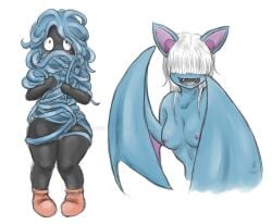 anthro anthrofied artist bat bat_wings black_body blue_body blushing fanart fangs fantasy female game hair_over_eyes monster_girl nervous nsfw nude pokemon pseudo_hair red_shoes shortstack sombresnuances tangela white_hair zubat