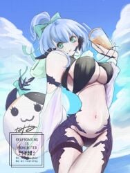 au_ra black_swimsuit blue_hair final_fantasy final_fantasy_xiv green_eyes ocean ponytail swimsuit