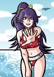 1girls bambietta_basterbine beach beach_background belly_button bikini bleach bleach:_sennen_kessen-hen bleach:_the_thousand-year_blood_war breast breasts collar damiansmtz female hand long_hair ponytail purple_eyes purple_hair red_bikini smile thighs