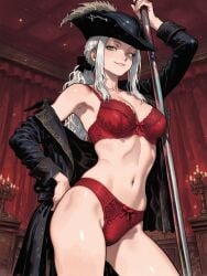 1girls ai_assisted ai_generated background bloodborne breasts clothed clothing female female female_focus female_only fromsoftware goth goth_girl green_eyes lady_maria_of_the_astral_clocktower lingerie lingerie_bra lingerie_panties looking_at_viewer panties pole pole_dancer pose posing posing_for_the_viewer red_underwear smile smiling_at_viewer tricorne underwear undressing undressing_self video_game_character white_hair