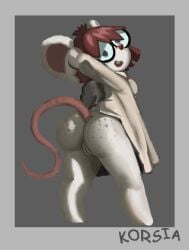 aged_up anthro ass breasts brown_hair clothed clothing coat curvy_figure digital_media_(artwork) eyewear female freckles fur genitals glasses hair korsia lab_coat lisa_loud looking_at_viewer mammal mouse murid murine nickelodeon nude presenting presenting_hindquarters red_nose rodent simple_background smile solo tail the_loud_house thick_thighs topwear white_body white_fur