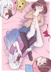 2girls barefoot bed_sheet blue_eyes blush brown_eyes brown_hair close-up feet feline female foot_fetish foot_focus foot_worship gradient_hair licking_foot miniskirt multicolored_hair multiple_females multiple_girls mutual_foot_worship pantyhose project_sekai ribbon shinonome_ena shirt shorts skirt smell smelling source_request sweat sweater t-shirt upside-down white_hair yoisaki_kanade yuri
