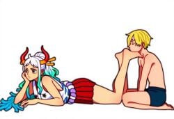1girls barefoot feet feet_worship female femdom foot_fetish foot_lick foot_worship horned_humanoid horns laying_down laying_on_stomach lazy licking_foot lounging male malesub one_piece oni oni_horns partially_nude resting skirt two_tone_hair vinsmoke_sanji white_hair yamato_(one_piece)