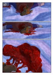 2025 anthro bjekkergauken blood bodily_fluids brown_body brown_fur clothed clothing colored comic deer female fingers fur hi_res hjordis hooved_fingers hooves imminent_death lying mammal moose new_world_deer snow solo wounded