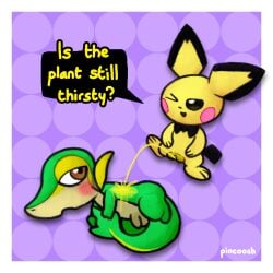 1:1 anthro balls black_eyes blush blush_lines bodily_fluids border brown_eyes curled_up darkened_vulva dialogue digital_media_(artwork) dirty_talk duo english_text female female_peeing female_peeing_on_male flaccid generation_2_pokemon generation_5_pokemon genital_fluids genitals green_body half-closed_eyes hi_res holding_tail looking_pleasured male male/female narrowed_eyes nintendo one_eye_closed open_mouth open_smile pattern_background peeing peeing_on_another penis pichu pincoosh pokemon pokemon_(species) pussy raised_leg rosy_cheeks signature simple_background smile snivy speech_bubble tail text urine watersports white_border yellow_body