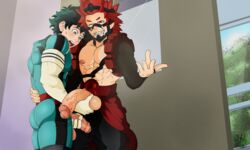 2boys ass ball_fondling balls blackbear crotch_grab eijirou_kirishima foreskin freckles gay green_eyes green_hair grin izuku_midoriya muscles my_hero_academia nipples one_eye_closed partially_clothed penis red_eyes red_hair testicle_grab testicles yaoi