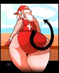 1girls ass ass_focus beach behind_view demon demon_girl demon_tail elecgoatserker female glasses helltaker horns justice_(helltaker) lifeguard lips tail thighs white_hair