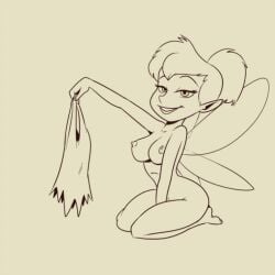 breasts disney fairy fairy_wings female medium_breasts monochrome nipples nude peter_pan_(disney) pointy_ears sitting smile solo tinker_bell wings