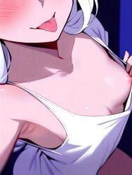 1girls ai_generated armpits bare_shoulders breasts cerberus_(helltaker) cleavage demon demon_girl dog_girl female helltaker nipples oversized_clothes seductive selfie small_breasts solo t-shirt tongue_out white_hair white_shirt