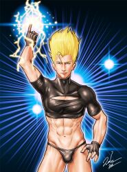 1boy 2016 abs benimaru_nikaido black_thong blonde_hair bulge dated electricity gay king_of_fighters male male_only muscular nipples_visible_through_clothing sauvage7 signature skinny snk solo thong video_games yaoi