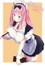 1girls alternate_costume apron artist_name black_bow black_dress blue_eyes border bow breast_poke breasts commentary_request detached_collar dress enmaided female fujiwara_chika garter_straps hairbow highres holding holding_pen kaguya-sama_wa_kokurasetai_~tensai-tachi_no_renai_zunousen~ large_breasts leaning_forward long_hair maid maid_apron maid_headdress neck_ribbon open_mouth orange_background outside_border pen pink_hair poking re:ankh red_ribbon ribbon short_sleeves skindentation solo thighhighs twitter_username white_apron white_border white_garter_straps white_sleeves white_thighhighs white_wrist_cuffs wrist_cuffs