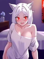 1girls ai_generated bare_shoulders big_breasts breasts cerberus_(helltaker) cleavage demon demon_girl dog_ears dog_girl female helltaker oversized_clothes red_eyes seductive solo t-shirt tongue_out white_hair white_shirt