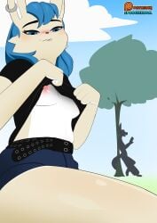 2025 absurd_res anthro areola bangs black_nose blue_eyes blue_hair blush bottomwear breasts clothed clothing clothing_lift colored digital_drawing_(artwork) digital_media_(artwork) digital_painting_(artwork) eyebrows female fingers fur grass hair hi_res kacy_(spoogiehowl) lagomorph leporid line_art long_hair looking_at_viewer mammal nipples outside painting_(artwork) patreon piercing pink_areola pink_nipples plant public rabbit raised_eyebrows shirt shirt_lift shorts simple_background small_breasts smile smirk solo spoogiehowl teeth topwear tree under_boob white_body white_fur