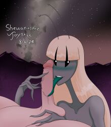 1boy 1girls 2024 alien alien_girl antennae antennae_(anatomy) artist_name balls black_eyes blonde_hair bluesky_link borrowed_character dated female furaffinity_link green_blush green_tongue grey_skin licking licking_penis long_hair long_neck long_tongue male meep_(malken) mountain nebula newgrounds_link night night_sky no_nose oral outdoor_nudity outdoors penis shewantsthejoystick shoulders shoulders_up stars touching_penis unusual_anatomy unusual_eyes veiny_penis watermark