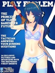 1girls 3d armpits bare_arms bare_shoulders bare_thighs beauty_mark blue_bra blue_eyes blue_hair blue_panties bra brand_of_the_exalt breasts cleavage collarbone confident english_text falchion_(fire_emblem) fefreak726 female female_only fire_emblem fire_emblem_awakening hair_between_eyes hand_on_own_hip hand_up knight long_hair looking_at_viewer lucina_(fire_emblem) magazine_cover mole mole_on_breast naughty_face navel nintendo panties playboy pose princess royalty shoulders small_breasts smile smug solo stomach sword symbol-shaped_pupils text thighhighs thighs tiara underwear weapon