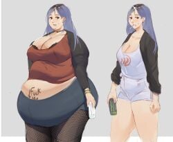 bamboo_ale belly belly_fat belly_fetish belly_focus belly_overhang big_belly double_chin dyed_hair fat fat_arms fat_belly fat_face fat_female fat_fetish female female_focus female_only fuck_me_(text) hyper_belly monster_energy morbidly_obese_female obese overweight_female piercing tattoo_on_belly weight_gain