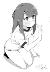 artist_name bangs blush closed_mouth dated eyebrows_visible_through_hair female greyscale gym_uniform hair_ribbon highres kneeling long_hair monochrome navel original ponytail precum ribbon shirt shirt_lift short_sleeves sidelocks signature socks solo t-shirt tabata_hisayuki thighs