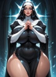 ai_generated aura black_hair blue_eyes breasts breasts_squeezed_together breasts_squish catholic church cross curvy_female earrings female female_only front_view gigantic_breasts glowing hourglass_figure light-skinned_female looking_at_viewer mature_female moonchild41 nun nun_hat nun_outfit nun_veil original_character praying promptchan.ai religion religious_clothing religious_headwear religious_symbols sister_mary slit_dress smiling_at_viewer thick_thighs voluptuous_female wide_hips