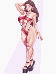 1girls big_breasts blue_eyes breasts brown_hair busty curvy dlusional donkey_kong_(series) earrings female high_heels hips light-skinned_female light_skin mario_(series) nintendo pauline pearl_necklace platform_heels red_lipstick swimsuit thick_thighs underboob wink