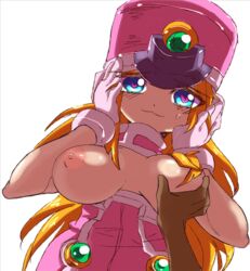 blonde_hair blue_eyes blush breast_grab breasts capcom erect_nipples female gloves hat large_breasts long_hair mega_man mega_man_zx nipples prairie smile solo suteito third-party_edit