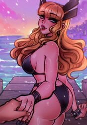 1girls artist_name bikini black_bikini blonde_hair blue_eyes bubble_butt busty curvy female holding_hands light-skinned_female light_skin looking_over_shoulder magik_(illyana_rasputin) magik_(marvel_rivals) marvel marvel_rivals peter_parker pier poposhirat pov spider-man swimsuit