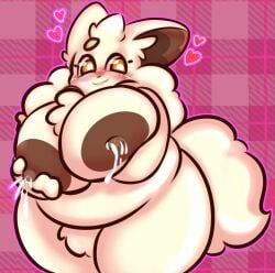 anthro areola belly big_tail blush blush_lines bodily_fluids breast_milking cremis dark_areola erect_nipples female fluffy furry hi_res lactating milk neck_tuft nipples overweight pal_(species) palworld pocketpair solo solo_focus tail tuft tuvandalist