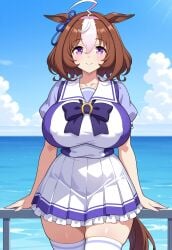 1girls ai_generated big_breasts breasts brown covered_nipples female hair large_breasts light-skinned_female light_ meisho_doto_(umamusume) skin solo white