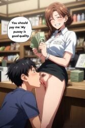 1boy ai_generated cunnilingus female femdom licking licking_pussy male money pussy