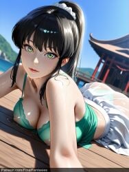 ai ai_breasts ai_generated anime_girl big_breasts black_hair breasts female female_only green_clothing green_eyes laying_down nice_tits nipples nipples_visible_through_clothing outdoors see-through_clothing waifu white_skirt woman_solo