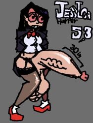 1futa balls black_hair bowtie character_name character_sheet circle_glasses dick dickgirl dress_shirt eyelashes futa_only futanari glasses high_heels hoop_earrings huge_cock lingerie nerd original_character panties self_upload shoulder_length_hair socks suit_jacket thighhighs to4ster-0v3n_(artist) veiny_penis wide_eyed