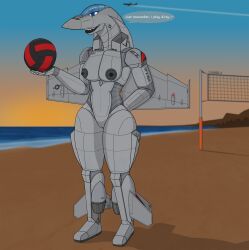 absurd_res aeromorph aircraft aircraft_humanoid airplane anthro ball beach biped breasts dialogue f/a-18 female gambla hi_res living_aircraft living_airplane living_machine living_vehicle looking_at_viewer machine nipples nude nude_female open_mouth solo standing text vehicle volleyball_(ball) wings