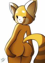 aggressive_retsuko ass_grab back_view female furry looking_at_viewer nude retsuko skylight_(artist) solo straight_hair winking