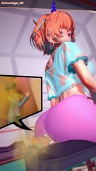 1boy 1girls 3d 3d_(artwork) anal_insertion anus fart fart_fetish female giantess groundage hololive hololive_english koikatsu male micro_male orange_hair puckered_anus takanashi_kiara tiny virtual_youtuber yoga_pants