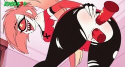 2025 ai_generated ass ass_focus ass_grab bent_over big_breasts breasts cherri_bomb_(hazbin_hotel) dildo double_dildo ends34 female female_focus female_only hazbin_hotel open_mouth pink_hair ponytail skirt standing stockings tongue_out torn_clothes