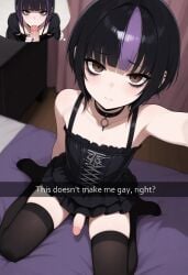 ai_generated bedroom black_hair brown_eyes dark_makeup erection exposed_penis fag faggot femboy gay goth goth_boy habitdew humiliation loser selfie shame sissy small_penis snapchat trap