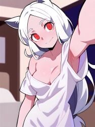 1girls ai_generated bare_shoulders big_breasts breasts cerberus_(helltaker) cleavage demon demon_girl dog_ears dog_girl female helltaker oversized_clothes red_eyes solo t-shirt white_hair white_shirt