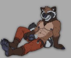 2025 anthro balls bedroom_eyes belt black_nipples bottomwear brown_body brown_fur clothed clothing commando countershade_torso countershading digital_media_(artwork) flaccid foreskin fur genitals gital_drawing_(artwork) grey_background grin grinning_at_viewer guardians_of_the_galaxy humanoid_genitalia humanoid_penis inner_ear_fluff leaning_backwards looking_at_viewer lwitch7 male mammal markings marvel narrowed_eyes neck_tuft nipples open_belt pants partially_clothed paws penis plantigrade procyonid pubes raccoon red_sclera ring_(marking) ringed_tail rocket_raccoon seductive simple_background smile solo striped_markings striped_tail stripes tail tail_markings three-quarter_view topless tuft uncircumcised