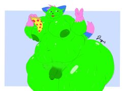 2025 anthro ass b4dhaj balls big_butt black_nose blue_ears claws dipstick_tail domestic_cat don't_touch_my_pizza_(meme) english_description fangs felid feline felis flaccid food fur genitals gloves_(marking) green_body green_fur hi_res holding_food holding_object holding_pizza kevin_(nyanwolf) male mammal markings moobs nyanwolf overweight overweight_anthro overweight_male peace_symbol penis pink_markings pizza small_penis solo sparklefur tail tail_markings teeth tongue tongue_out white_claws