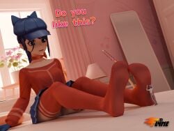 1girls ambiguous_gender bed bedroom blue_skirt cappie_(miside) feet fl4me3d_(artist) flowers foot_fetish giant giantess giantess_feet hat macro micro miside mita_(miside) pink_room red_clothing red_stockings sitting skirt stockings text