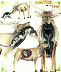alekthebeasty ambiguous_gender animal_genitalia antlers black_body black_fur black_hooves black_nose black_tail blue_eyes bodily_fluids brown_body brown_eyes brown_fur cervine curled_up deer duo elk english_text esophagus facial_scar feral feral_pred feral_prey front_view fully_inside fur generation_3_pokemon genitals grey_body grey_fur head_first hi_res hooves horn inside_mouth inside_stomach inside_throat male mammal mightyena nintendo oral_vore organs partially_inside pawpads pink_pawpads pokemon pokemon_(species) predator/prey quadruped role_reversal scar sheath side_view simple_background stomach stomach_acid swallowing tail text vore wet white_background