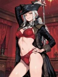 1girls ai_assisted ai_generated background bloodborne breasts clothed clothing female female female_focus female_only fromsoftware goth goth_girl green_eyes lady_maria_of_the_astral_clocktower lingerie lingerie_bra lingerie_panties looking_at_viewer panties pole pole_dancer pose posing posing_for_the_viewer red_underwear smile smiling_at_viewer tricorne underwear undressing undressing_self video_game_character white_hair