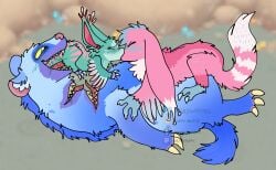 absurd_res ambiguous_gender ambiguous_penetration anthro arlo_(chimeracocks) atlas_(spoonfulofsuga) blarret_(my_singing_monsters) blush blush_lines bodily_fluids brother brother_(lore) brothers_(lore) chimeracocks claws drooling feral finger_claws french_kissing group hi_res hippity_(my_singing_monsters) hippityhop hop_(my_singing_monsters) incest_(lore) kissing lying male male/male multi_mouth my_singing_monsters on_back on_top_of on_top_of_belly oral penetration saliva sharp_teeth sibling_(lore) size_difference teeth tongue_penetration trio