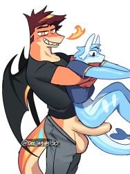 anthro bat_wings black_eyebrows black_wings blue_blush blue_body blue_clothing blue_shirt blue_topwear blush blush_lines bottomless bottomless_male bottomwear bottomwear_down breath_powers clenched_teeth clothed clothing dragon duo elemental_manipulation eyebrows fin fire fire_breathing fire_manipulation genitals hi_res hug hugging_another hugging_from_behind humanoid_genitalia humanoid_penis imminent_sex jaybeyyy leg_markings lizard looking_at_viewer looking_down male male/male markings membrane_(anatomy) membranous_wings multicolored_tail mythological_creature mythological_scalie mythology narrowed_eyes pants pants_down partially_clothed penis raised_eyebrow reptile scalie shirt simple_background tail tail_aside tail_fin teeth topwear white_background wings