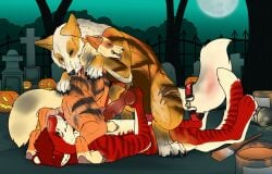 anal anal_sex angel_(velvetvlade) animal_genitalia animal_penis anthro anthro_on_feral anthro_penetrating anthro_penetrating_feral arcanine bite blood blue_eyes bodily_fluids canid canine canine_genitalia canine_penis closed_eyes collar_on_tail ear_piercing ear_ring erection felid feral feral_penetrated fur generation_1_pokemon genitals green_eyes group group_sex handjob heterochromia hi_res killthe_demon knot lying male male/male male_penetrated male_penetrating male_penetrating_male mammal markings nintendo nude on_back open_mouth oral orange_body orange_fur outside penetration penile penile_penetration penis penis_in_ass piercing plant pokemon pokemon_(species) red_body red_fur red_penis rimming ring_piercing sex shrub striped_arms striped_legs striped_markings striped_tail stripes tail tail_markings threesome tombstone tongue tongue_out tree white_body white_fur yellow_body yellow_fur zoophilia