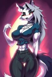 1girls ai_generated anthro bare_arms bare_shoulders big_breasts breasts color demon demon_girl female female_only furry furry_female furry_only gigiti goth goth_girl hellhound helluva_boss hi_res large_breasts long_hair looking_at_viewer loona_(helluva_boss) red_eyes thick_thighs two_tone_body two_tone_fur two_tone_tail white_hair wide_hips wolf wolf_girl