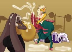 anthro ass big_breasts big_butt big_penis bodily_fluids bones_on_string breasts cum cum_drip cum_expulsion cum_on_breasts cum_on_butt cum_on_face cum_on_penis dracozolt dripping female fitness fossil_pokemon futanari generation_4_pokemon generation_8_pokemon genital_fluids genitals group haplorhine herm hi_res huge_breasts huge_cock hyper hyper_breasts hyper_genitalia hyper_penis intersex intersex/female lopunny mammal nintendo penis pokemon pokemon_(species) primate simple_background spikes tarsier trainer trio